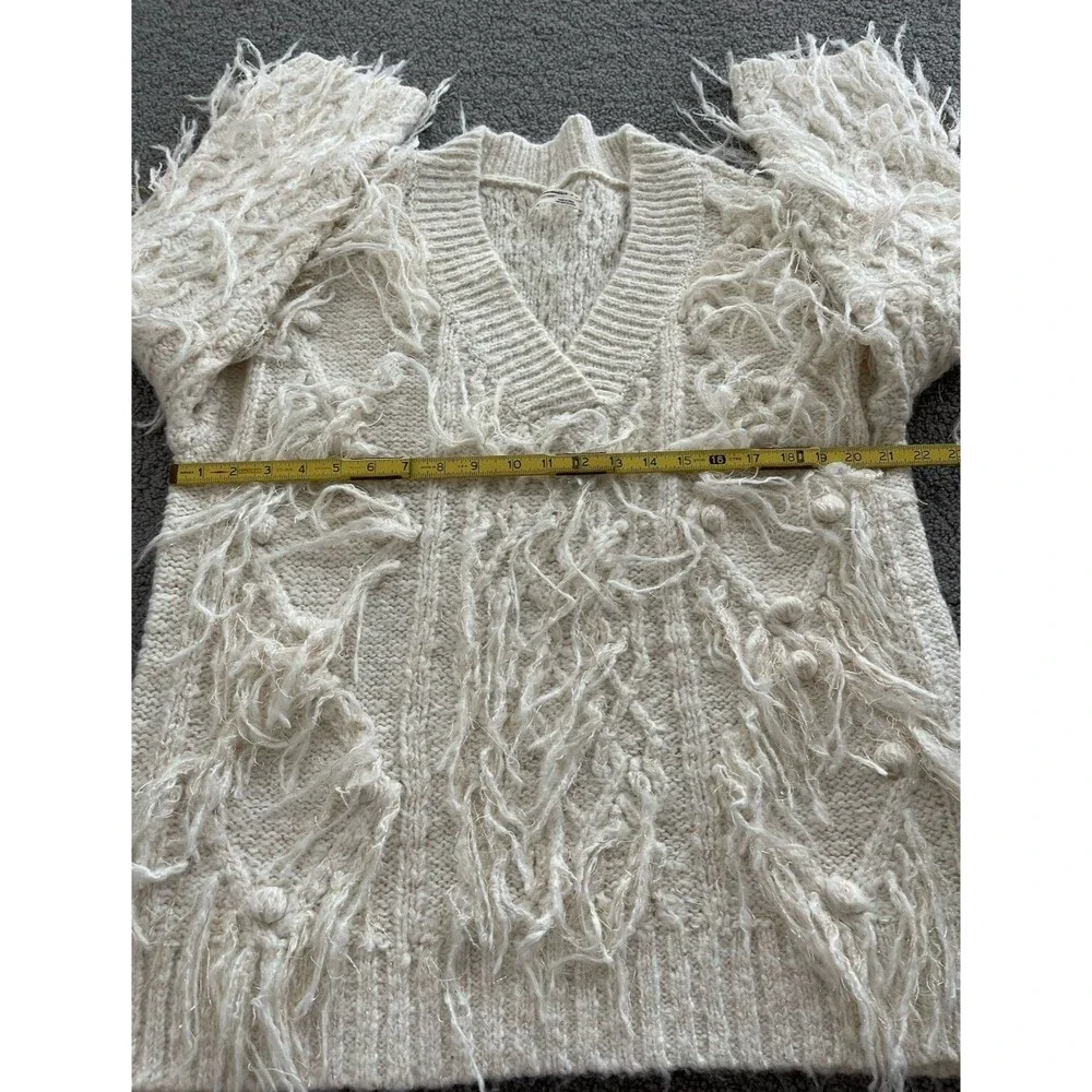 Anthropologie Fringed Boho Pullover Oversized Ivory Preppy Sweater Top Sz M New